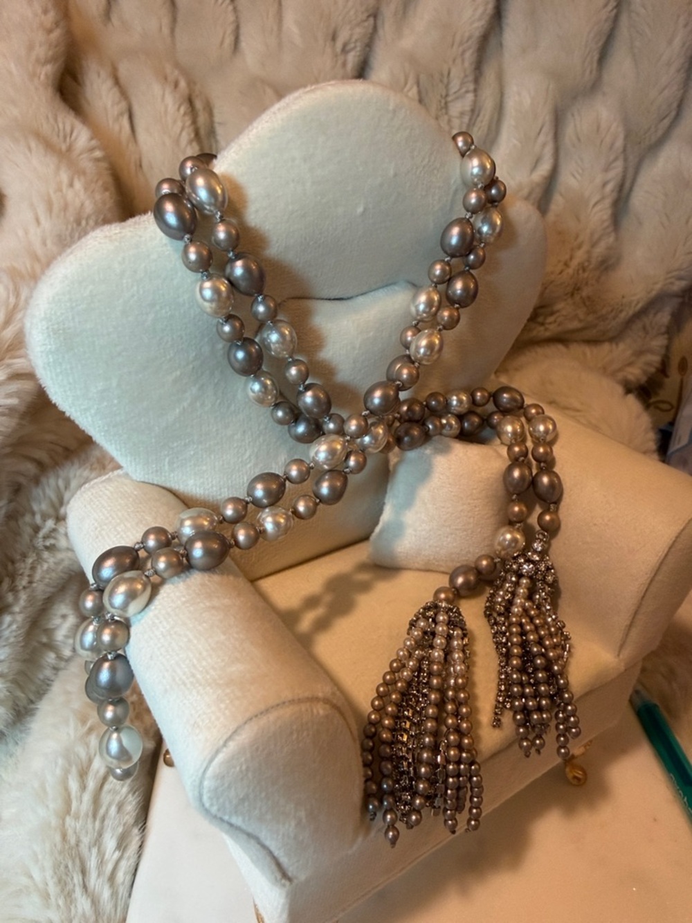 Vintage Tri-color Grey Pearl Tassel Necklace